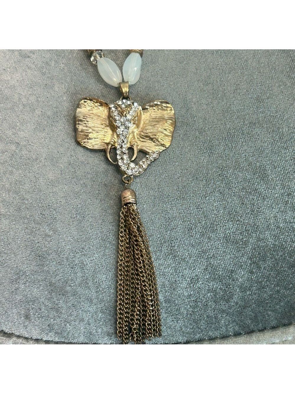 ELEPHANT hammered gold-tone crystal rhinestone dangling chain beaded necklace